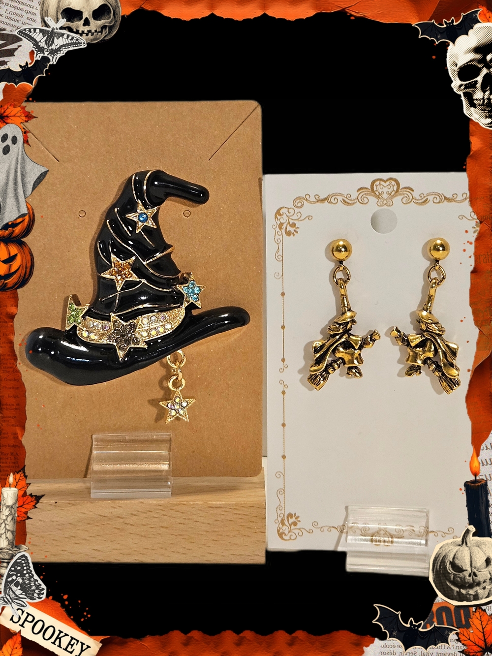 Black Enamel Witch Hat Brooch & Gold Tone Flying Witch Earrings- Halloween